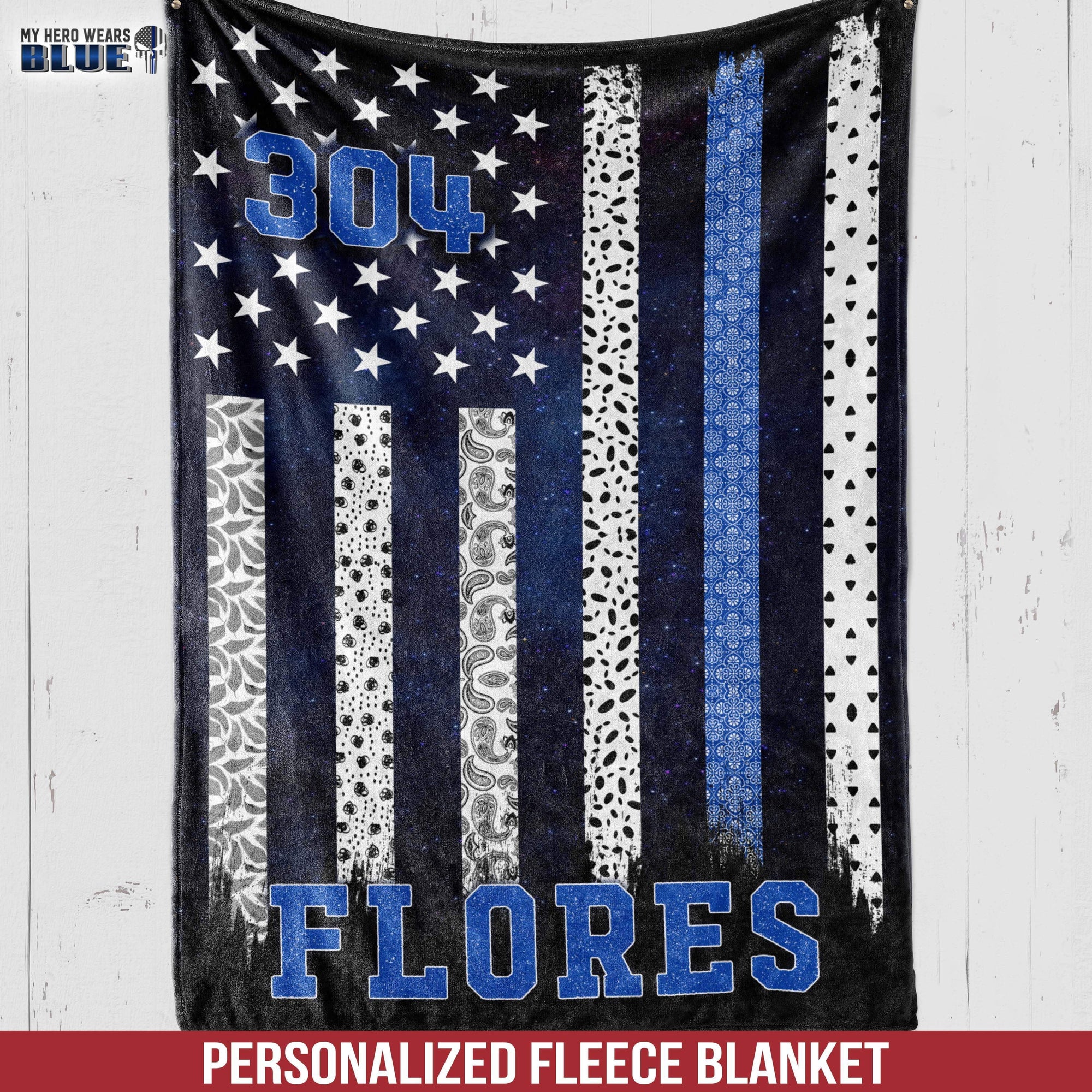 Personalized Fleece Blanket Patterned Thin Blue Line Flag My Hero Wears Blue