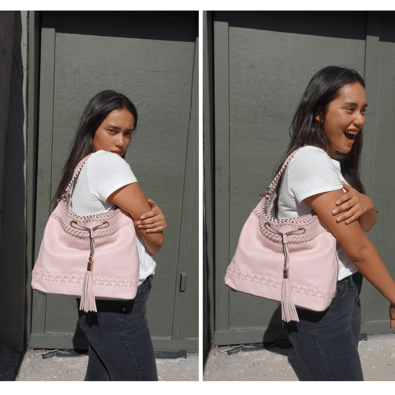 pink vegan leather shoulder bag