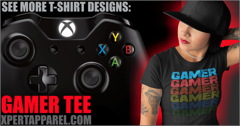 Girl in Gamer Tee designed by Xpert Apparel Store, Red Glow, Xbox one Controller