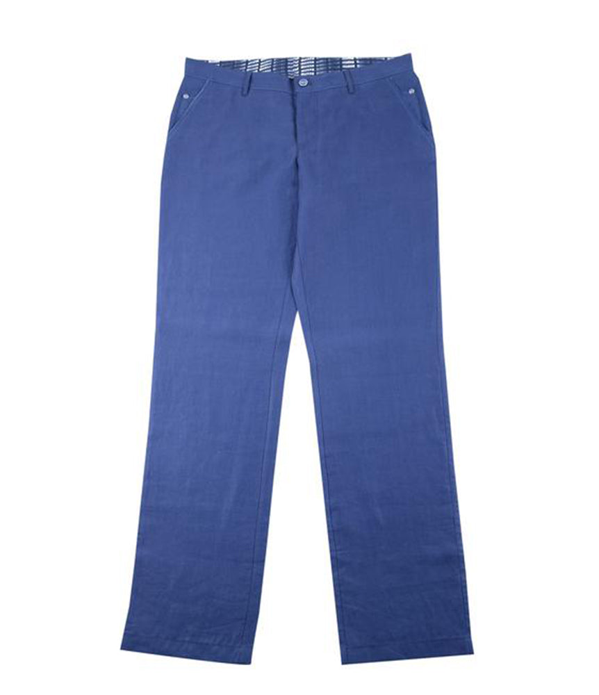 Stylish Linen Blue Pants with Suede Details – outtlet.com