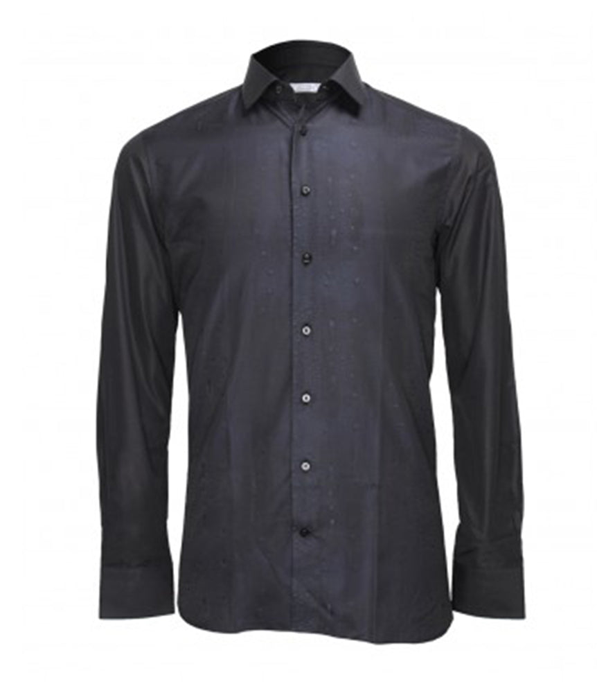 Men's modern dress shirt in black fine cotton with front blue design ...