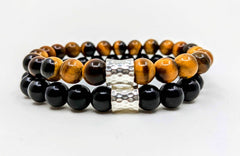 Tiger's Eye and Obsidian Bracelet Stack with Sterling Silver accents