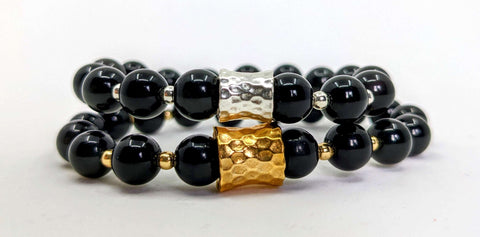 18K Gold and Sterling Silver Obsidian Beaded Bracelets