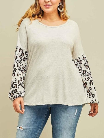 Knit Scoop-neck Top with Contrast Leopard Details