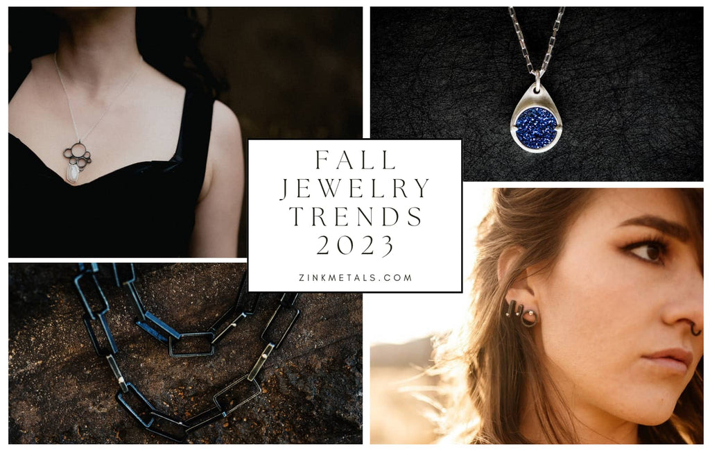 fall 2023 jewelry trends with  pearl, blue druzy and long chain link necklaces and circle stud earrings