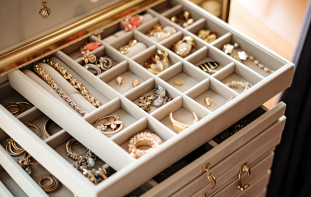 store jewelry in a jewelry tray or cabinet, a great jewelry storage idea