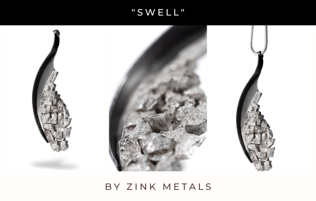 collage of three views of Swell, a sterling silver pendant necklace featured in a artist showcase and jewelry exhibition