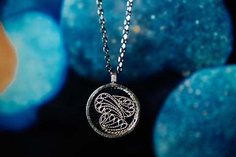 Large handmade silver jewelry circle filigree necklace