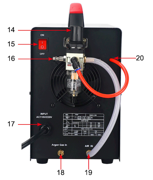 CT-520D 50A Plasma Cutter / Stick Welder Combo back panel view