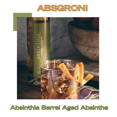 Product photograph of Absinthia Barrel Aged Absinthe and the cocktail drink Absgroni