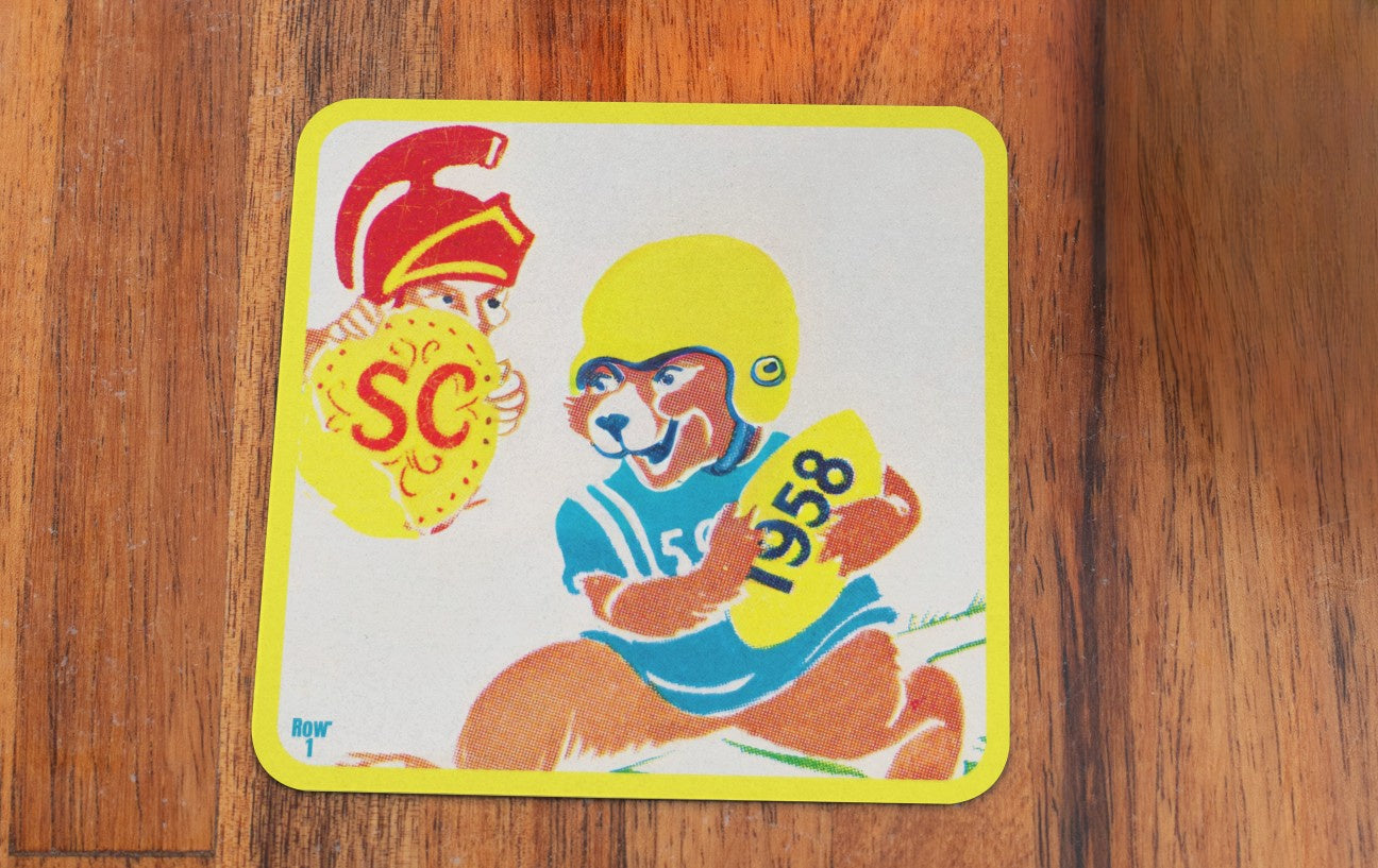 1958 USC Trojan and UCLA Bruin Cartoon Art Coasters
