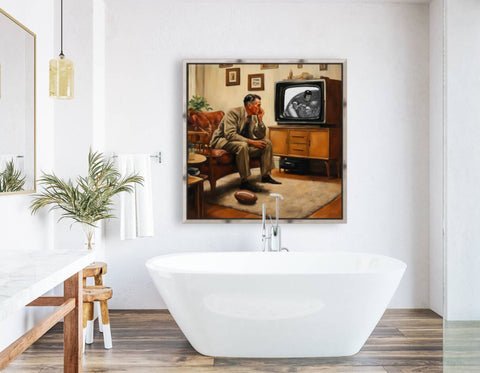 Man Watching Game in Vintage Living Room AI Sports Art