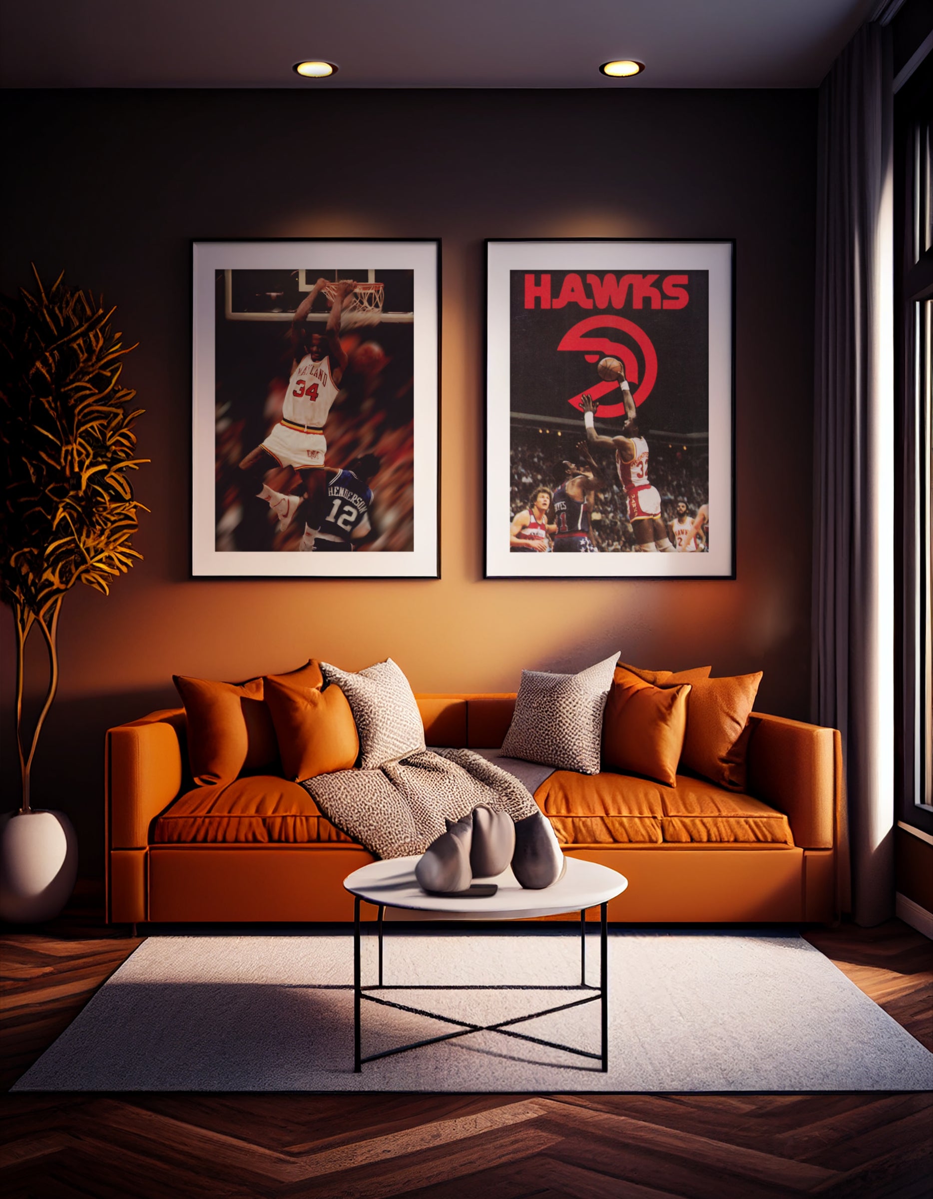 Len Bias Maryland Basketball Poster and Atlanta Hawks Throwback Poster Framed Prints in Luxury Living Room With Dim Lighting