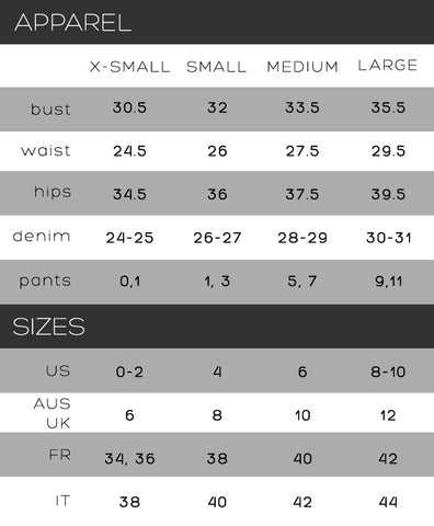 top glam shop women's size chart