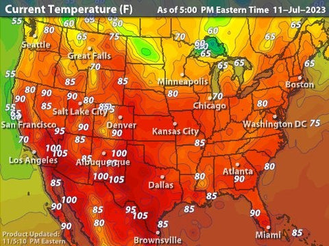 Weather map with hot temperatures across USA
