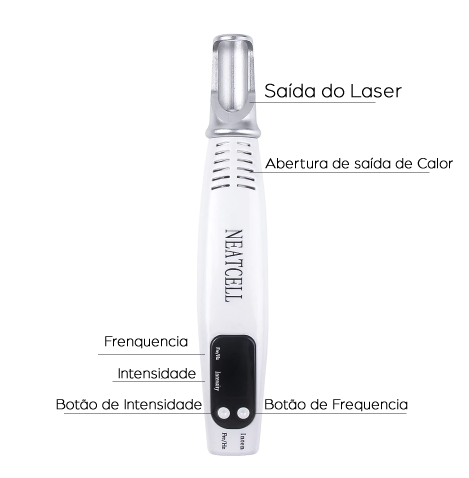 Especificações da Caneta Laser Removedora de Manchas, Verruga e Tatuagem na Pele Disponível em: www.descontara.com