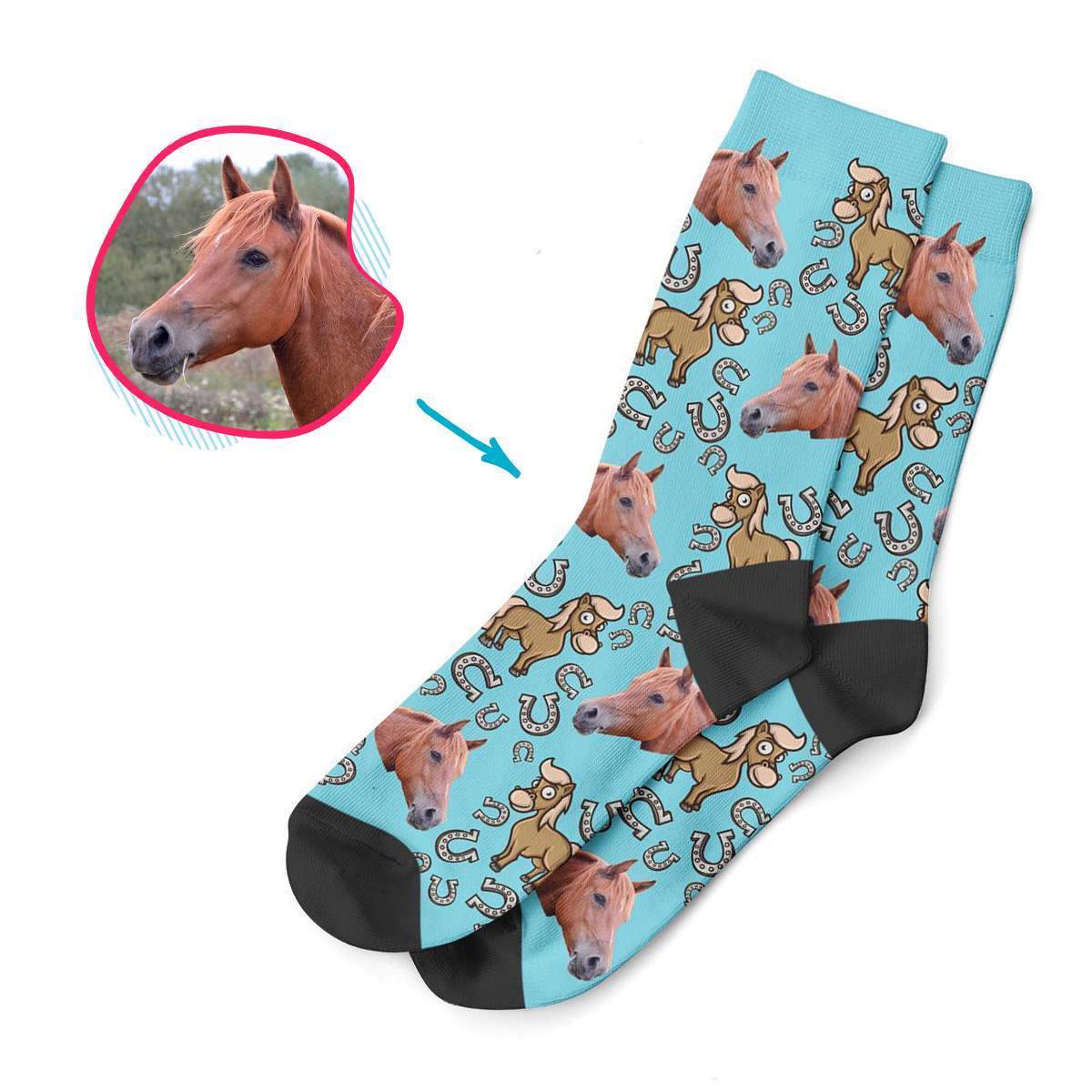 blue Horse socks personalized with photo of face printed on them