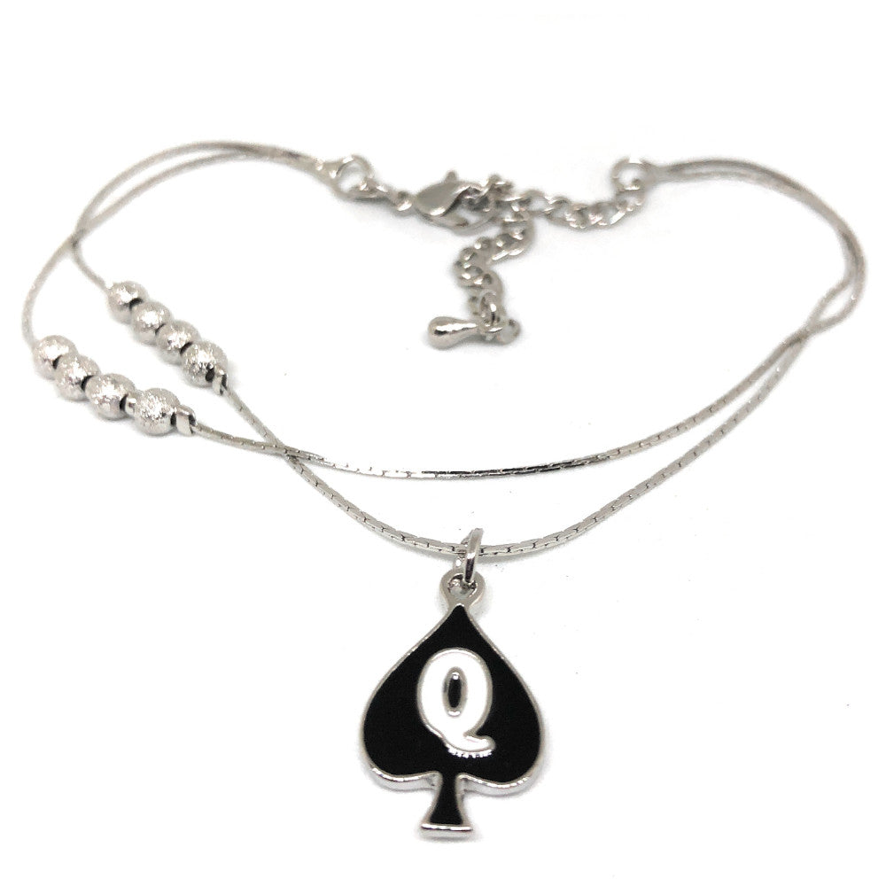 Queen Of Spades Q Spade Charm Anklet 2 Row Double Silver Chain