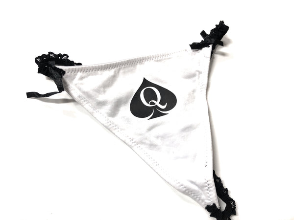 Black and White Lace Cotton Queen Of Spades Logo Brazilian Thong Tanga