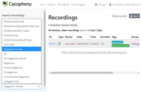 Searching for flagged for review label on the Cacophony Project Portal
