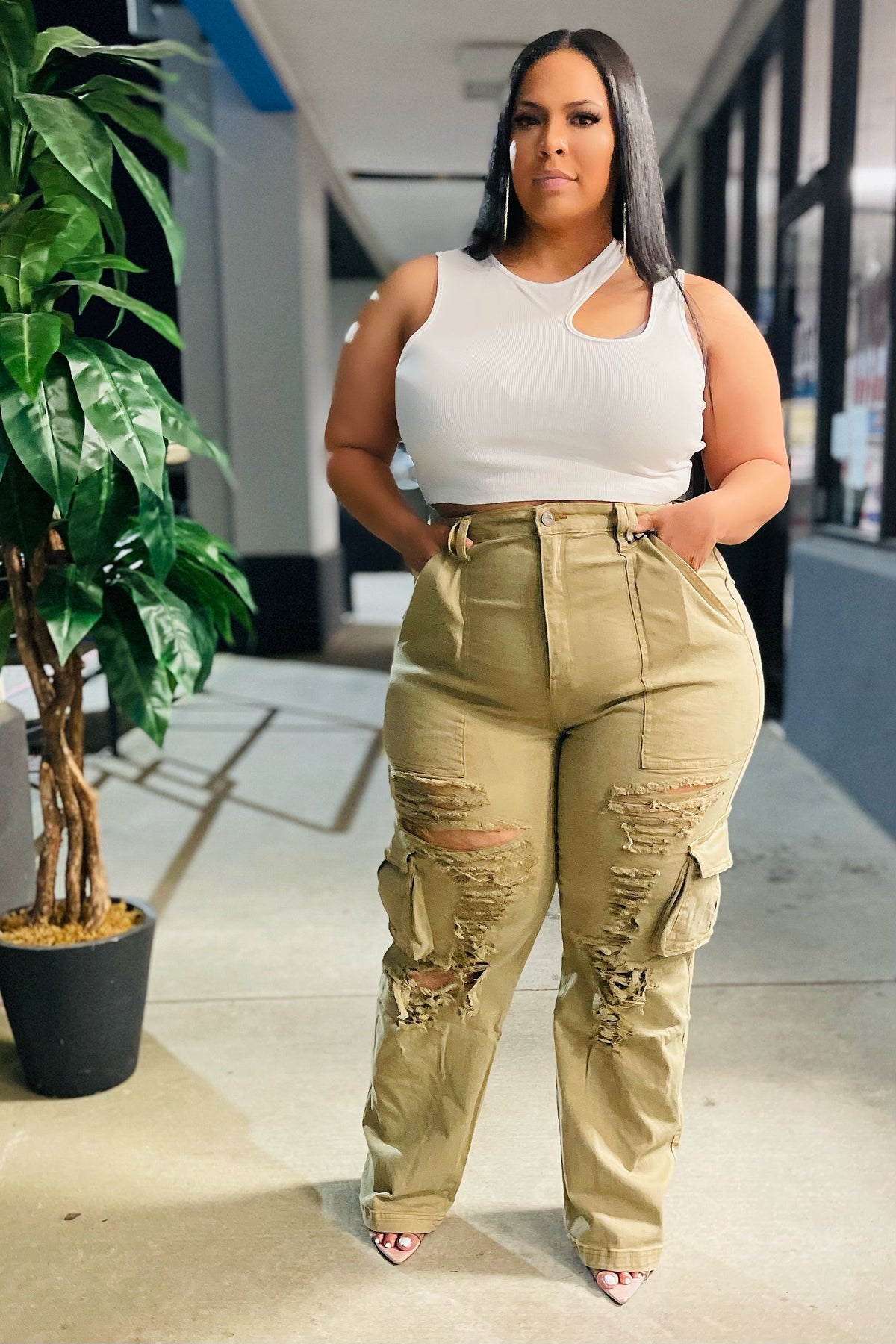 Plus Size Black Metallic Cargo Pants