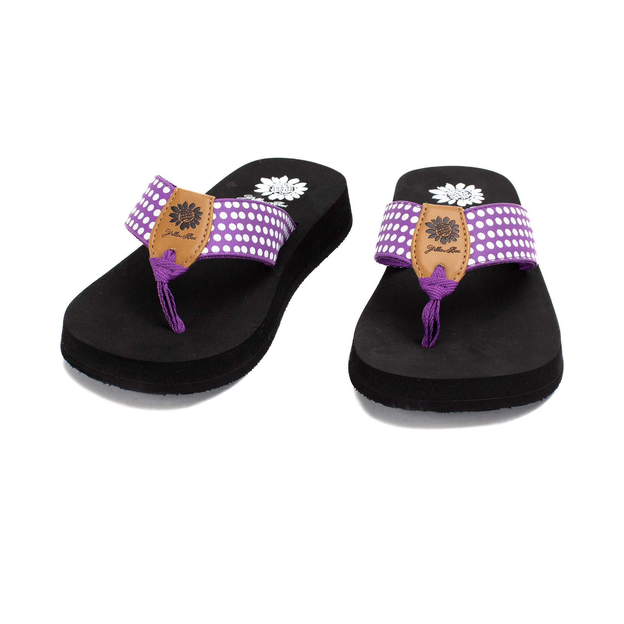 yellow box flip flops purple