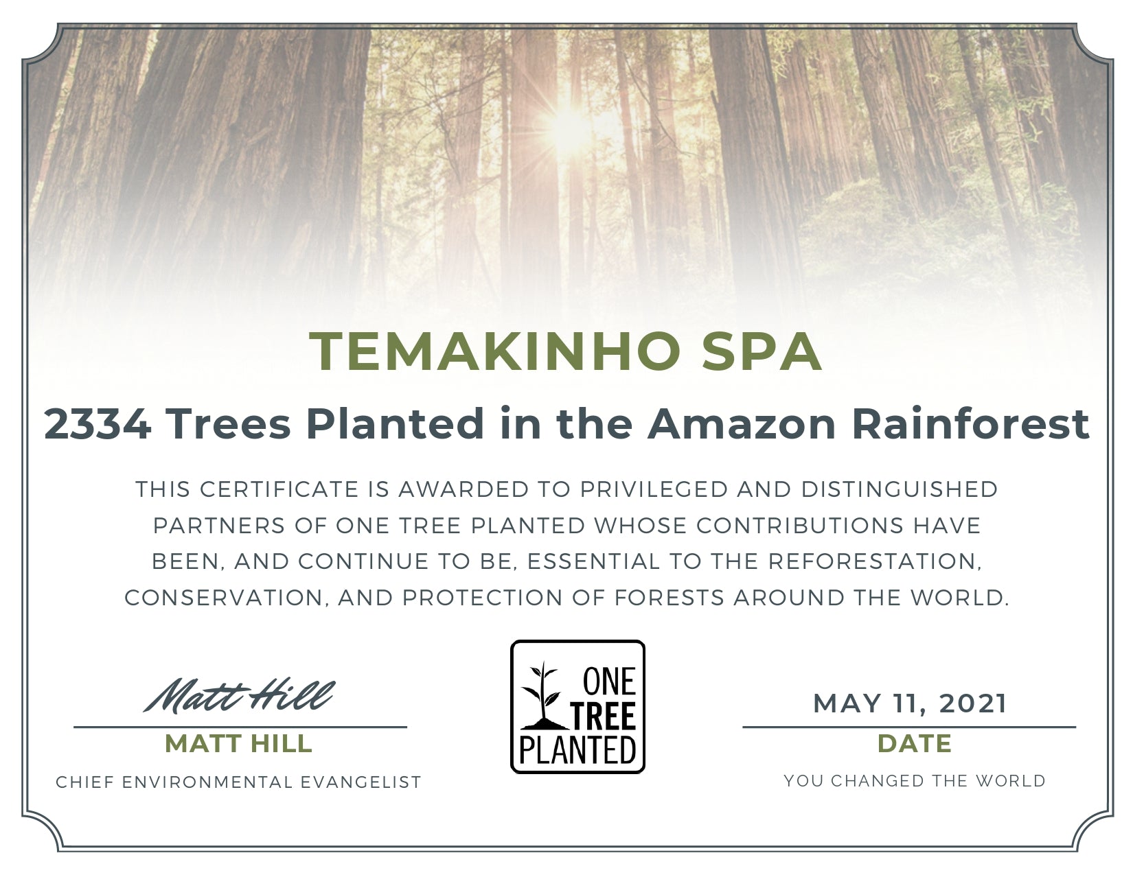 ONE TREE PLANTED CERTIFICATO