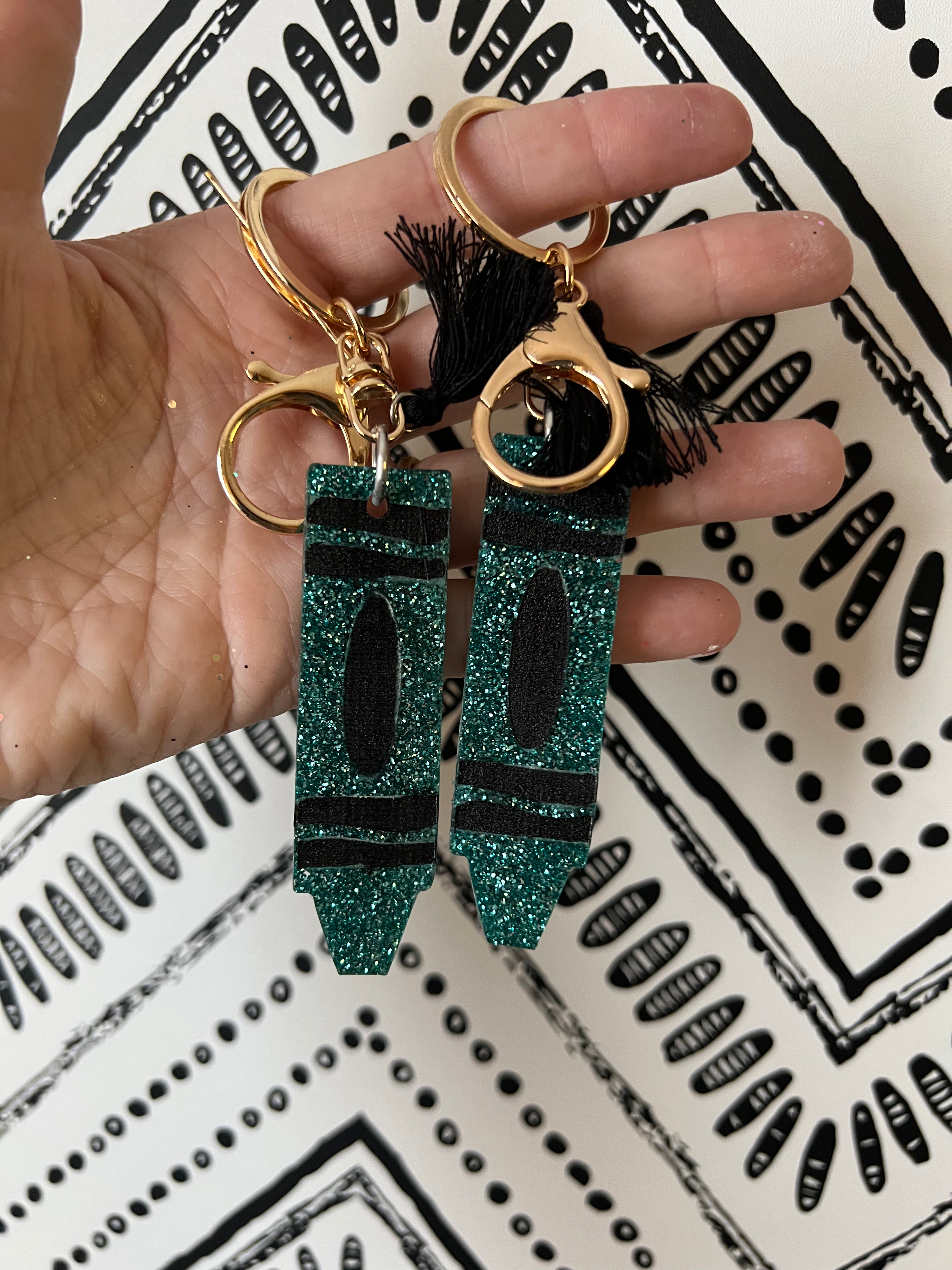 Teal glitter crayon keychain