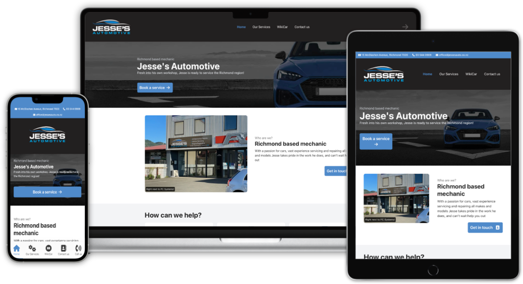 laptop, phone, and tablet with jesse's automotive website on-screen
