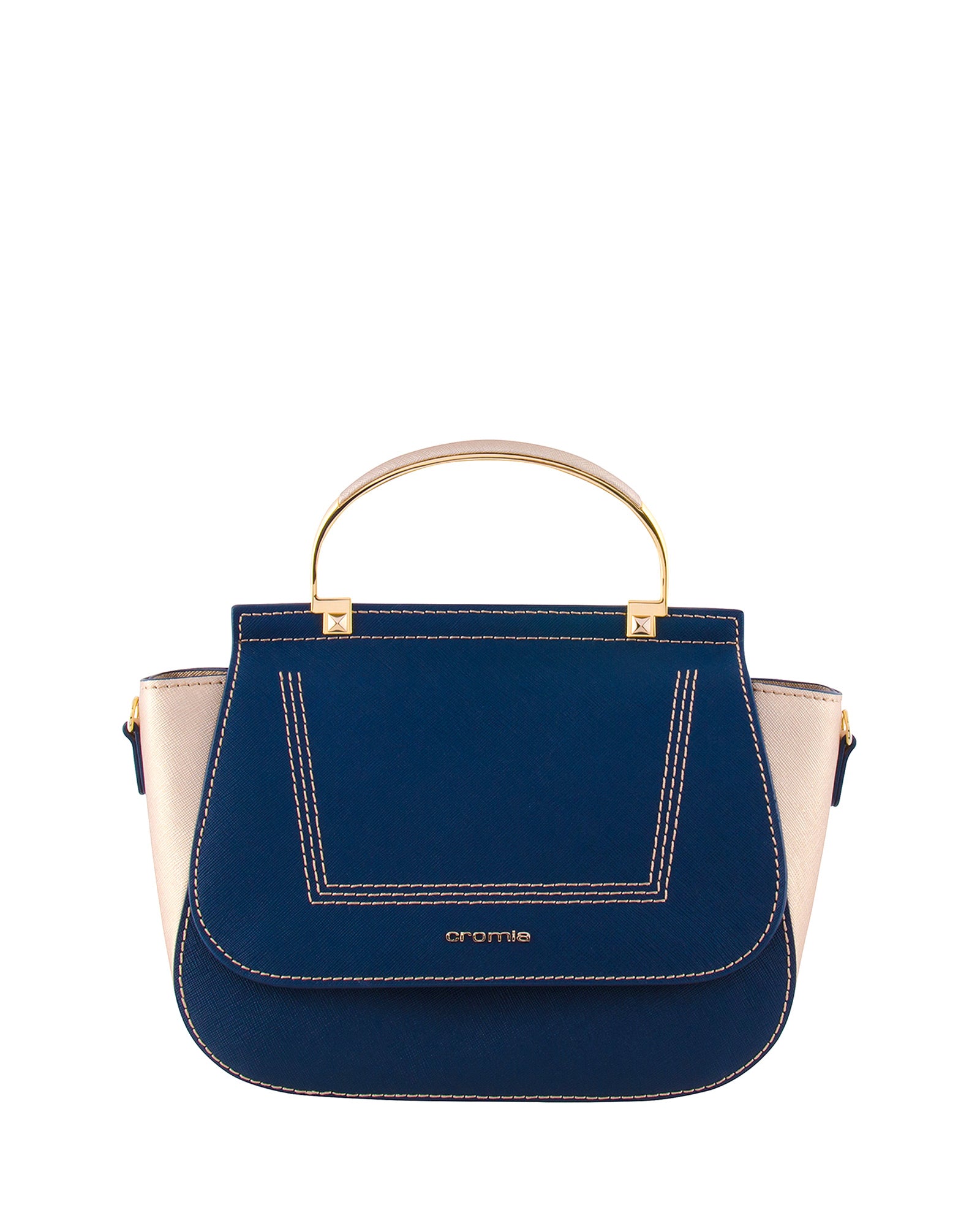 navy and gold handbag