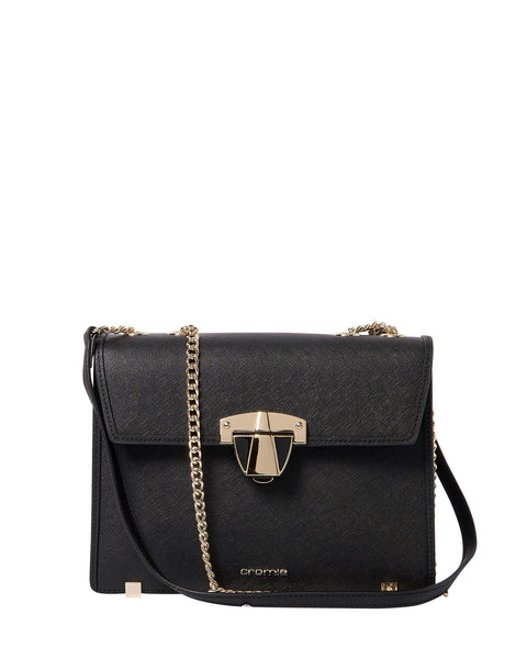 black leather handbag with chain strap