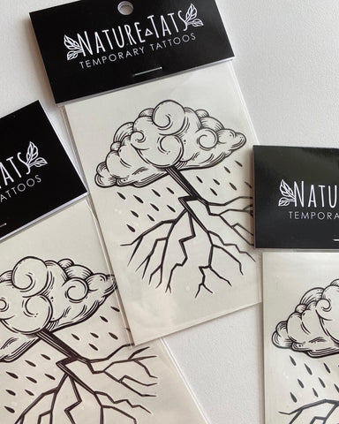 Storm Cloud Temporary Tattoo by NatureTats, Black line style cloud with branched lightning and raindrops.