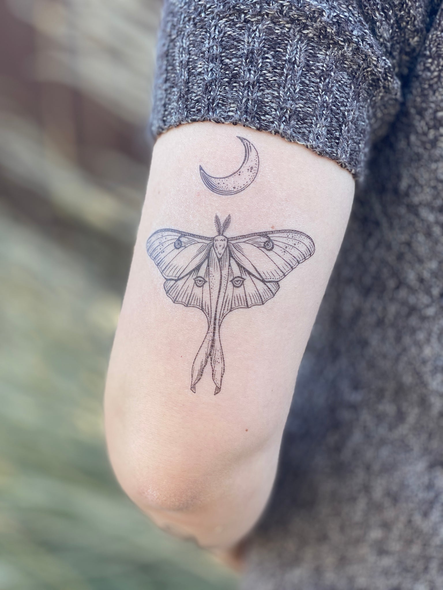 black and grey moth tattoo