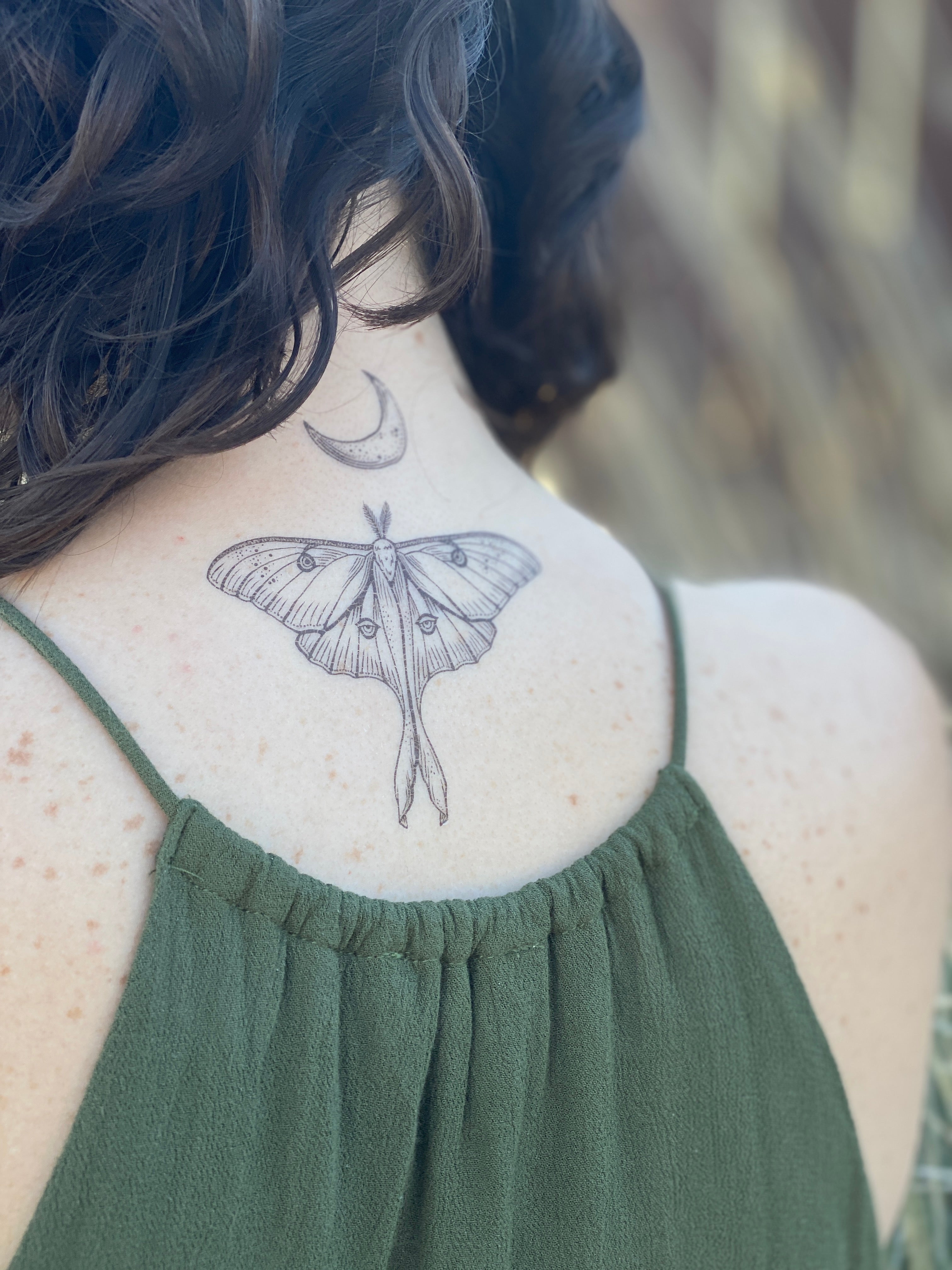 Back Head Color Ink Moth Tattoo