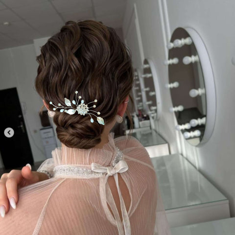 peigne à cheveux strass et feuilles argentées