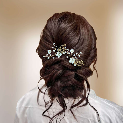 lot de 2 épingles à chignon avec perles, fleurs et feuilles dorées pour coiffure de mariage champêtre