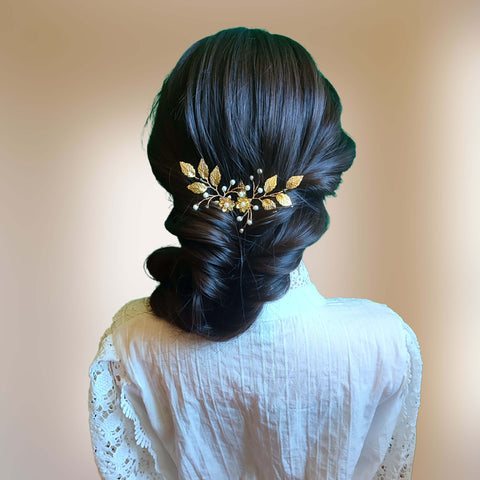 épingles à chignon avec perles et feuilles dorées pour mariage bohème ou champêtre