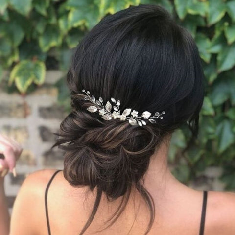 peigne cheveux bohème avec cristal, strass et feuilles argentées