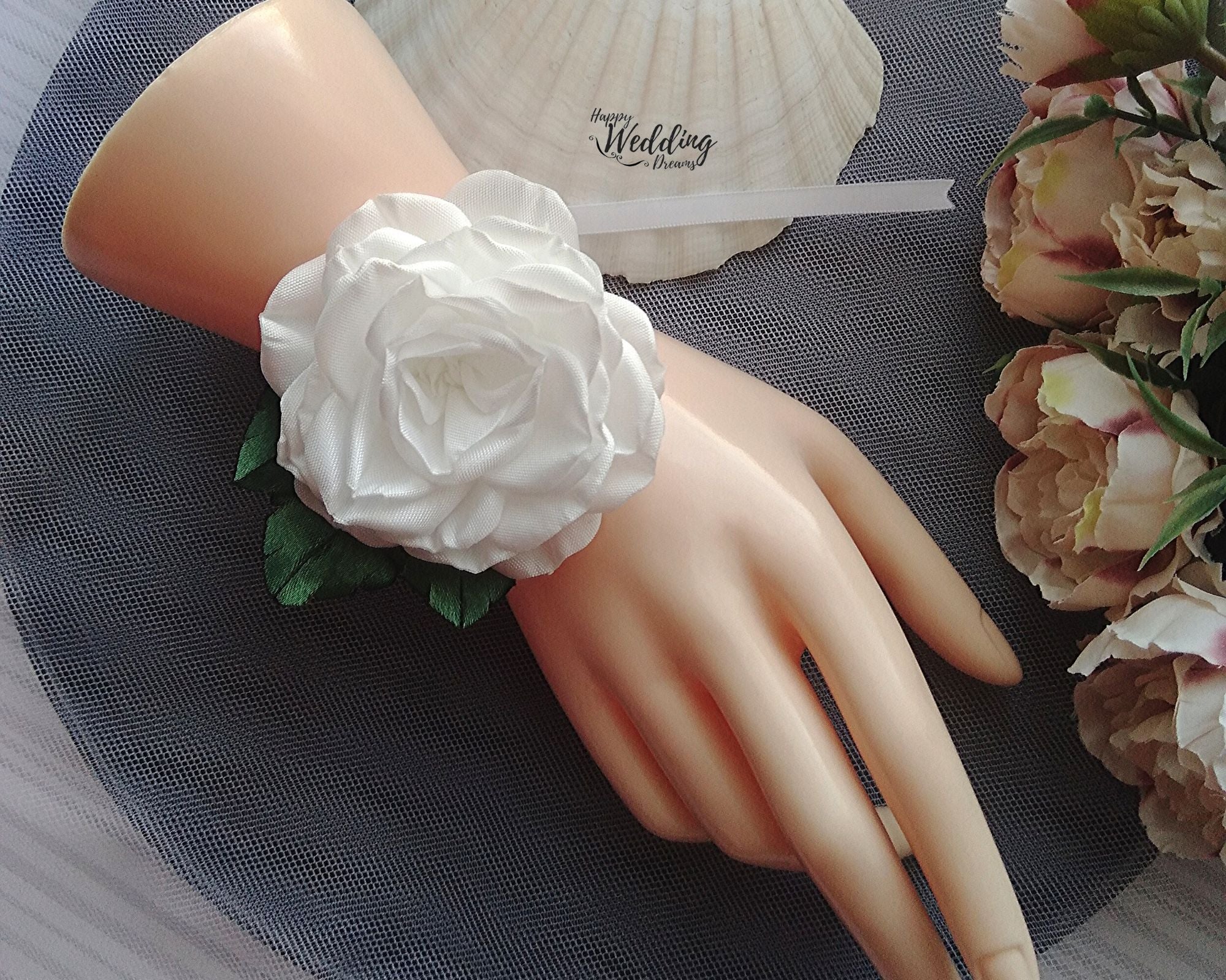 Large Rose blanche bracelet de mariage, Corsage de poignet demoiselle –  HappyWeddingDreams