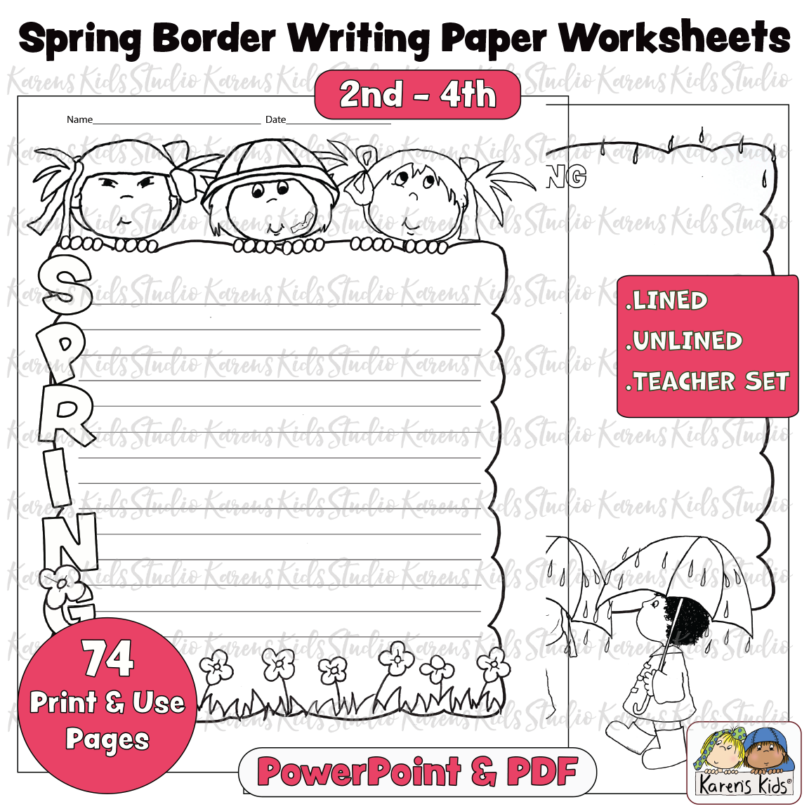 Writing Paper - Spring W/WO Lines (2nd-4th) (Karen's Kids Printables)