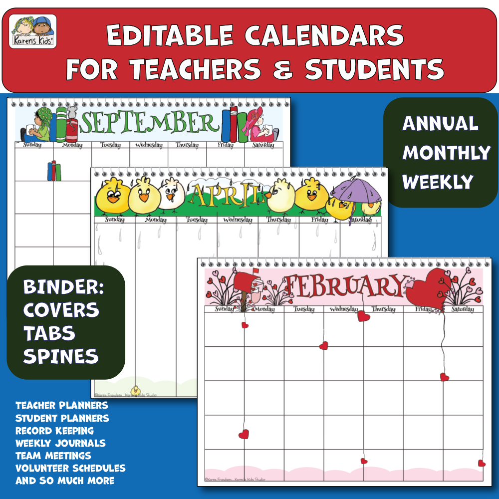 Editable SCHOOL CALENDARS for Teachers and Students _ NEW!(Karen's Kid