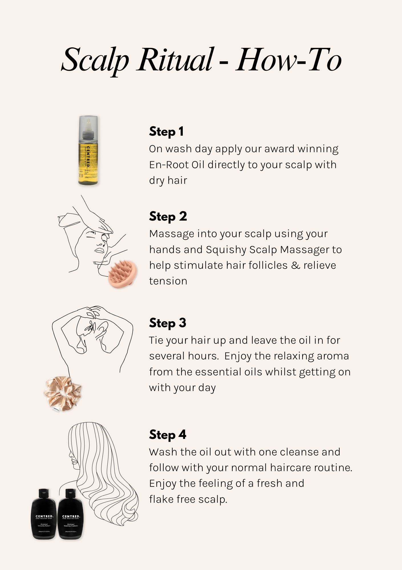 step by step for creating a scalp ritual using en-root scalp oil
