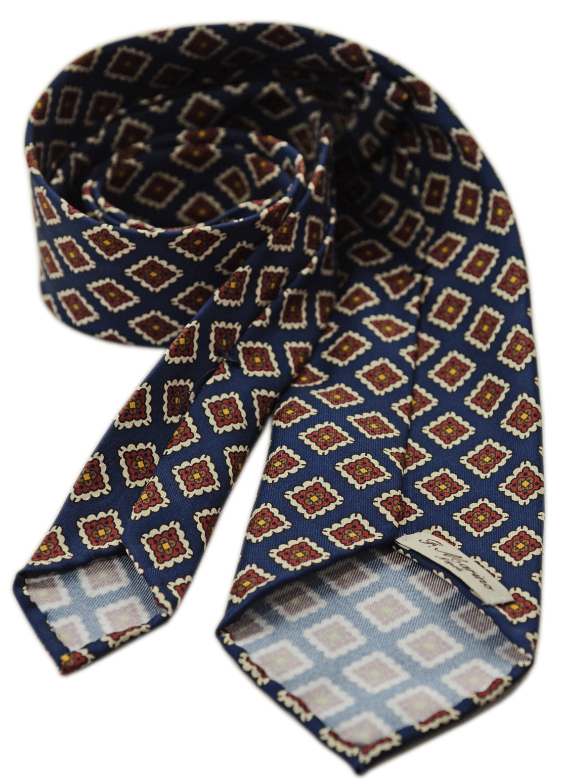 F. Marino hand printed foulard silk tie, navy