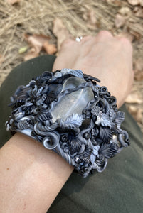 Unique Grey Polymer Clay and Clear Quartz Crystal Bracelet