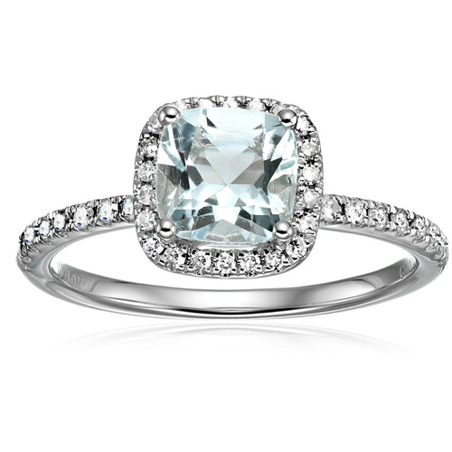 10k White Gold Aquamarine and Diamond Cushion Halo Engagement Ring (1/4cttw, H-I Color, I1-I2 Clarity), - pinctore