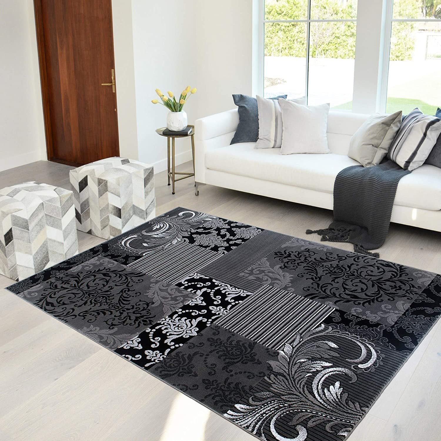 Blue Gray Silver Black Abstract Area Rug Modernpatchwork Pattern Frlor