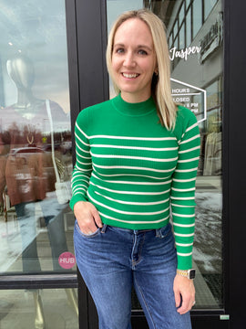 Mock Neck Ribbed Striped Sweater - Green