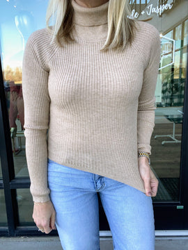 Oatmeal Turtleneck Ribbed Knit Sweater