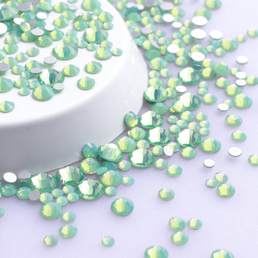 Mixed Sizes Green Opal Glass FlatBack Rhinestones For Nail Art Silver Back