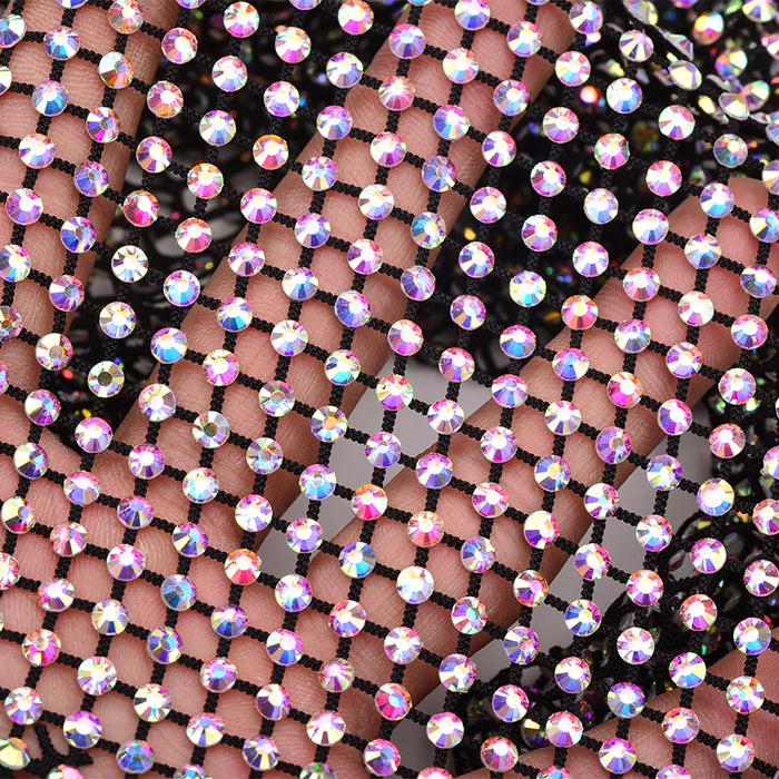 Crystal AB Rhinestones Mesh Fabric Sewing Elastic Trim - Black